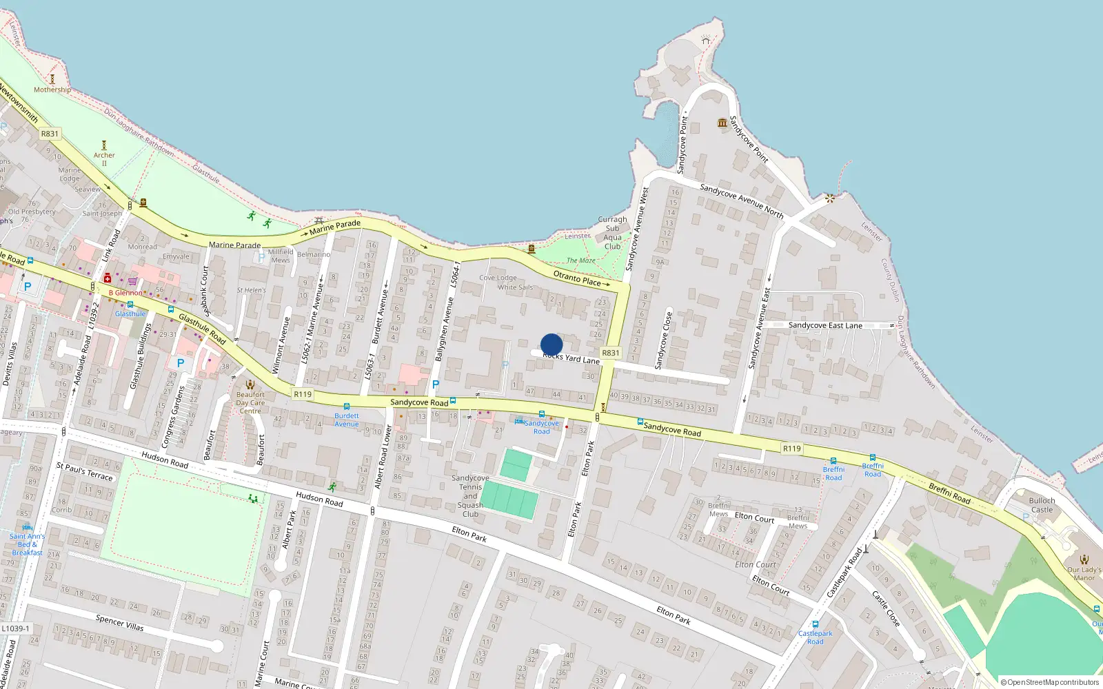 Overhead map showing the location of 1 Rocks Yard Lane, Sandycove