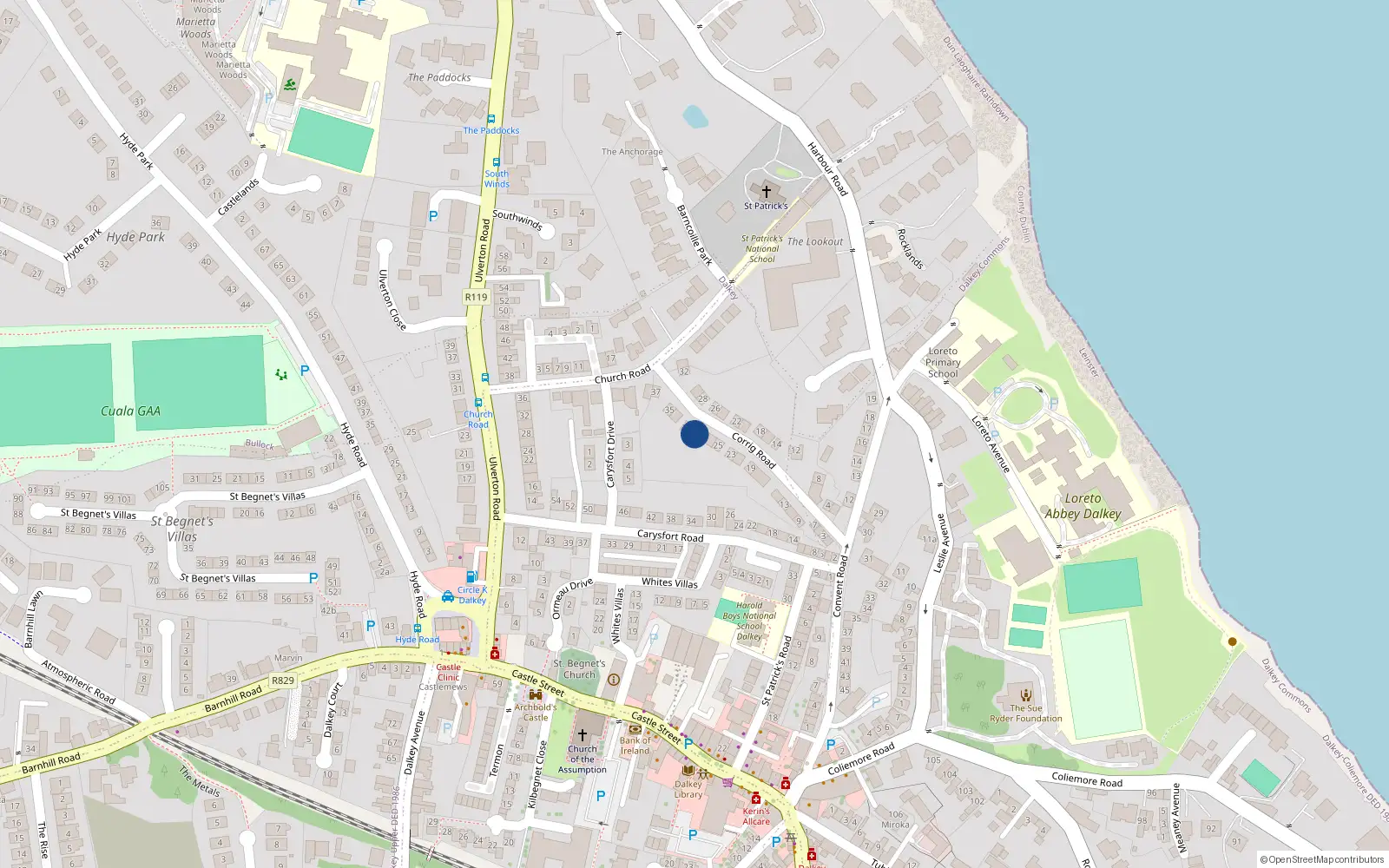 Overhead map showing the location of 29 Corrig Road, Dalkey