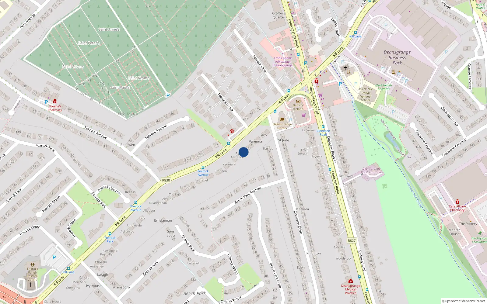 Overhead map showing the location of 2 Kill Lane, Dublin 18