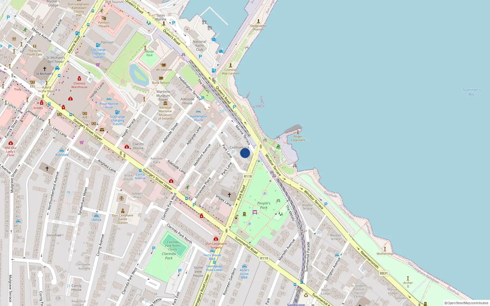 Overhead map showing the location of Dún Laoghaire, Dublin, Co. Dublin