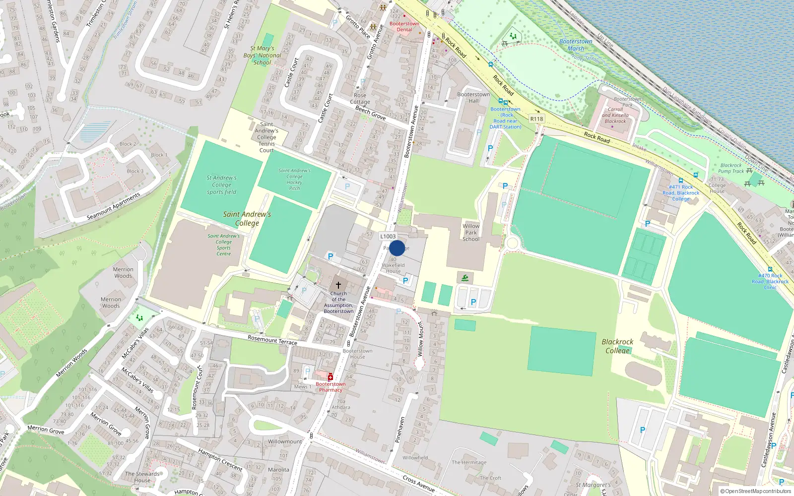 Overhead map showing the location of 36 Booterstown Avenue, Blackrock