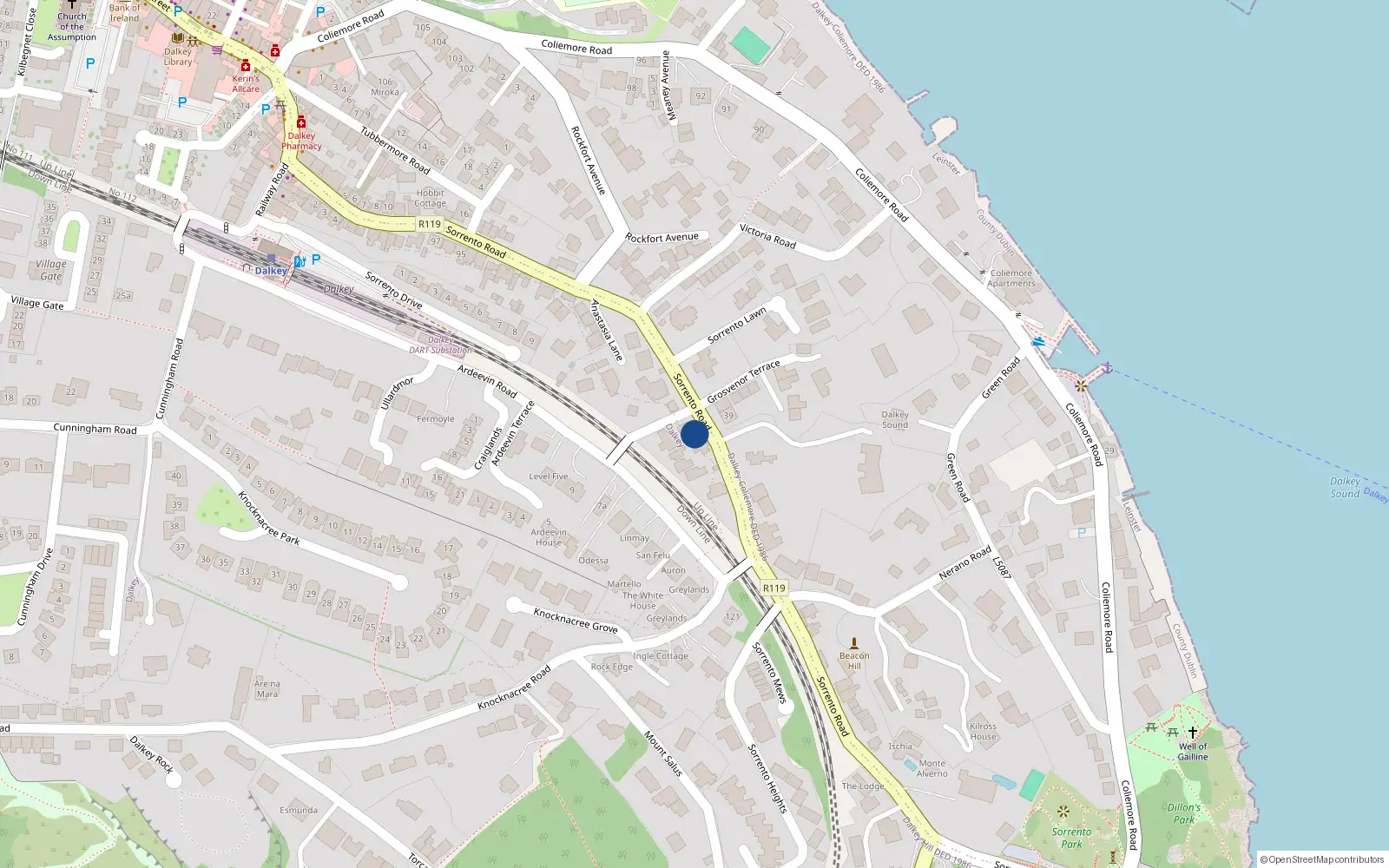 Overhead map showing the location of Sorrento Road, Dalkey