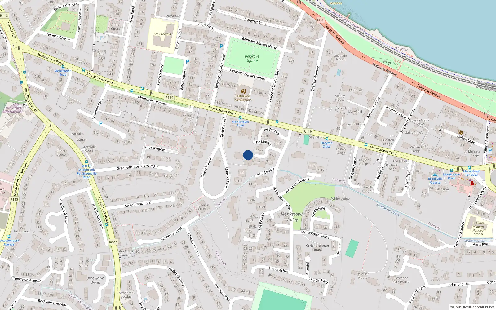 Overhead map showing the location of 9 Queen's Park, Monkstown