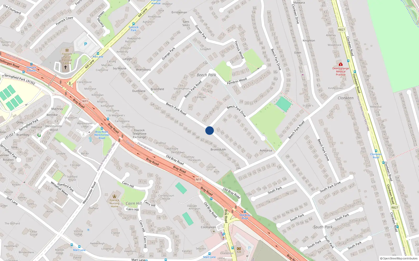Overhead map showing the location of Beech Park Road, Foxrock
