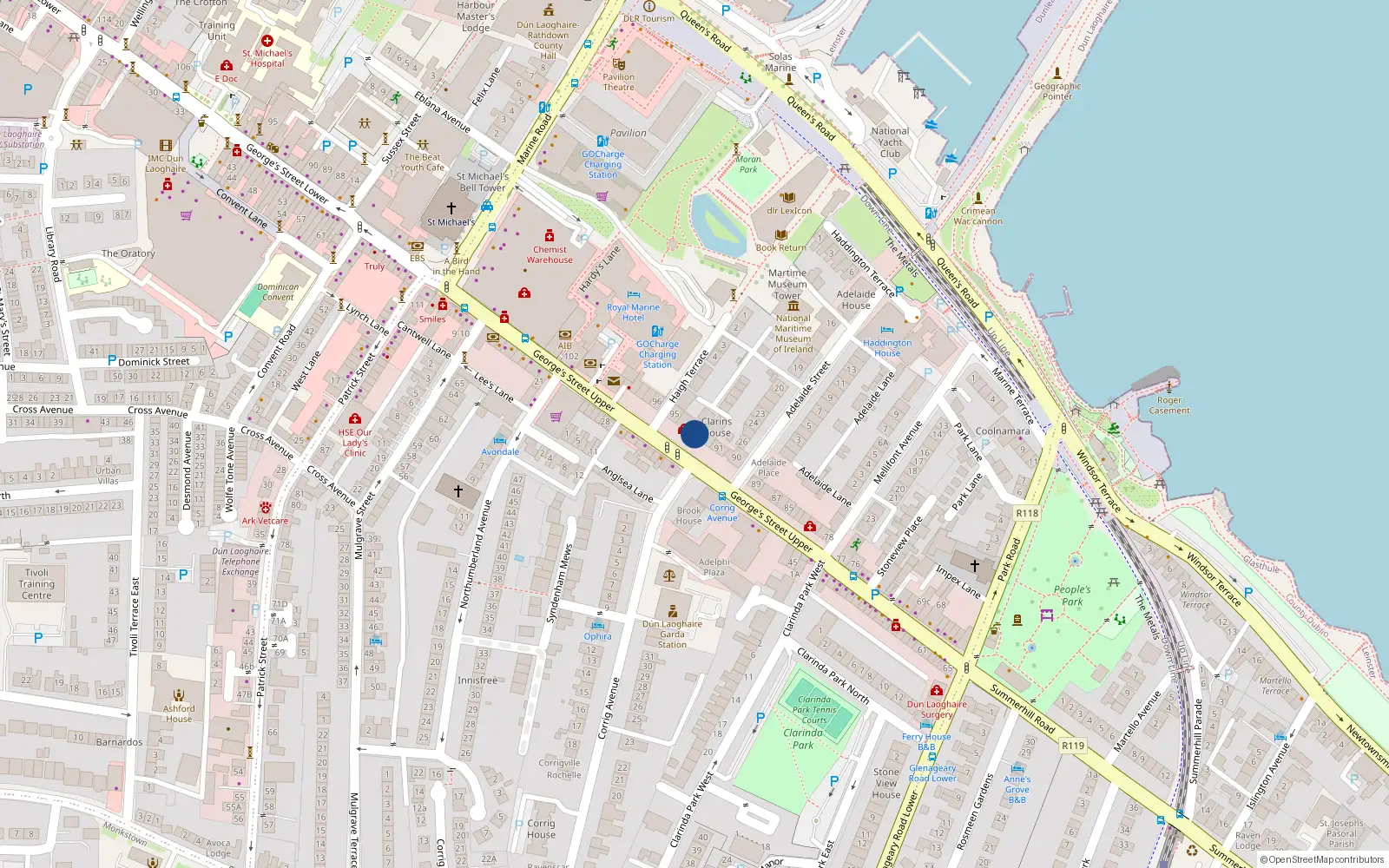 Overhead map showing the location of Penthouse Apt, 93 Upper Georges St, Dun Laoghaire