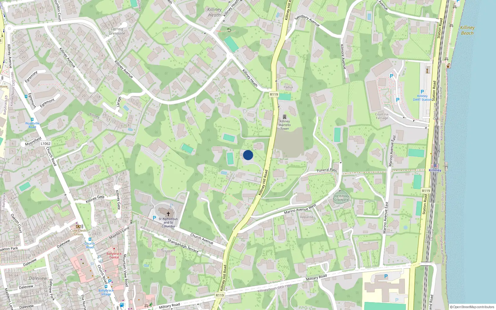 Overhead map showing the location of Killiney Hill Road, Killiney