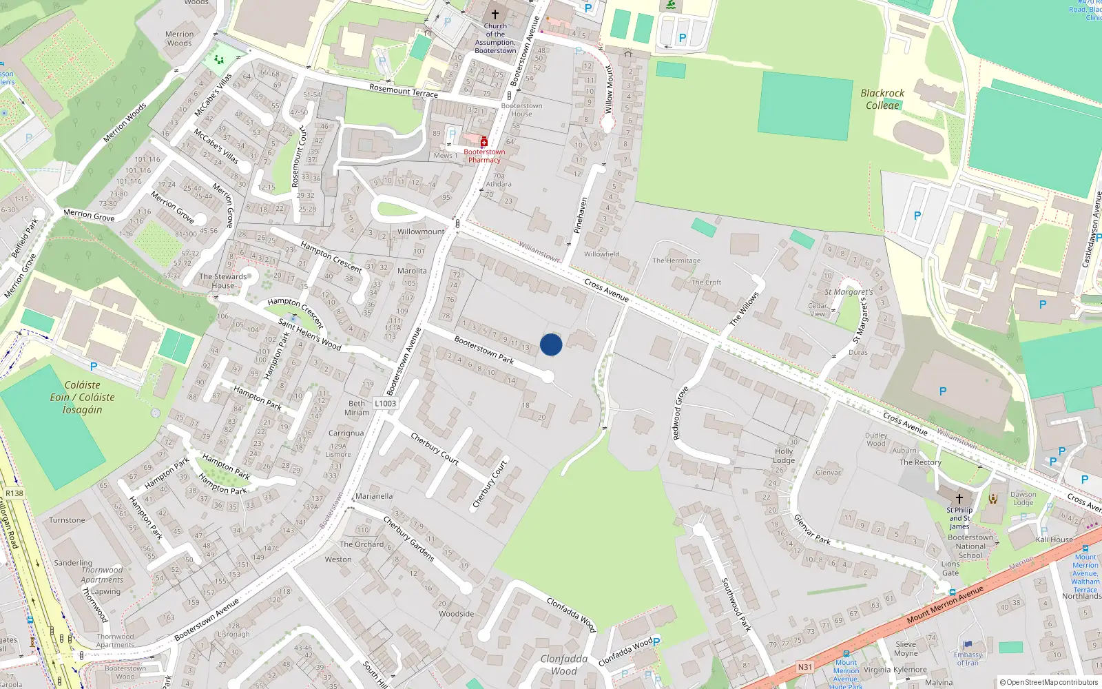 Overhead map showing the location of 17 Booterstown Park, Blackrock