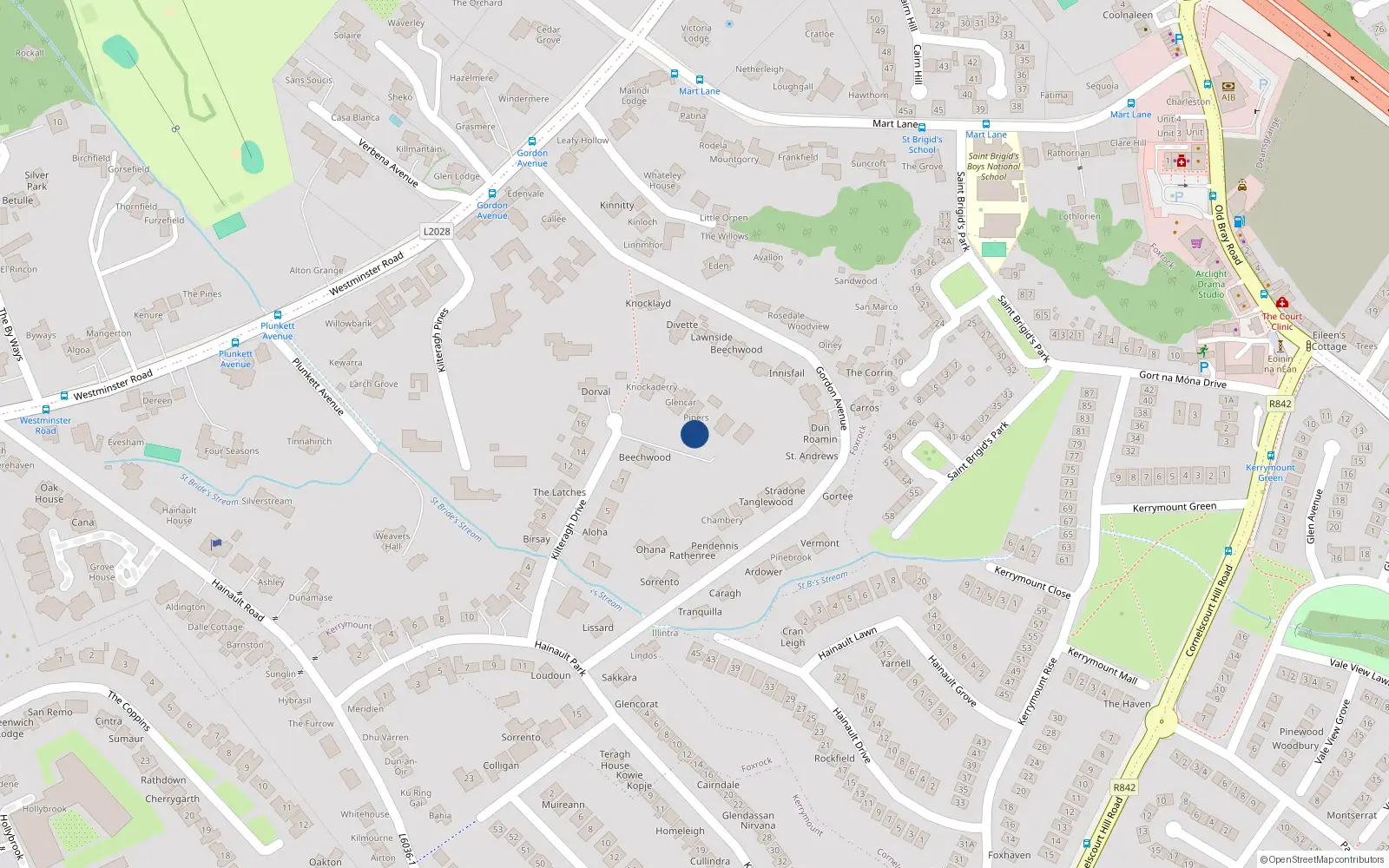 Overhead map showing the location of 11 Kilteragh Drive, Dublin 18