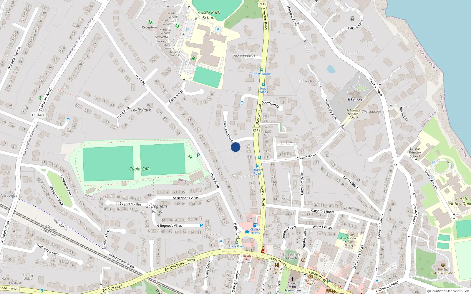 Overhead map showing the location of Bullock, Dublin, Co. Dublin