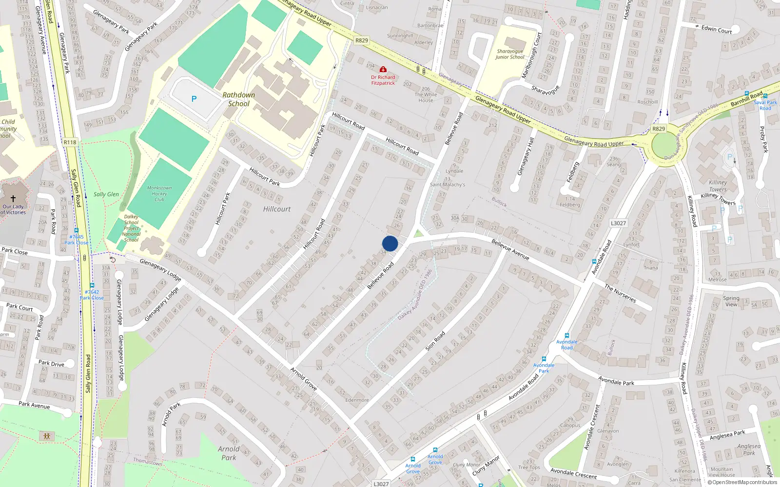 Overhead map showing the location of 32 Bellevue Road, Glenageary