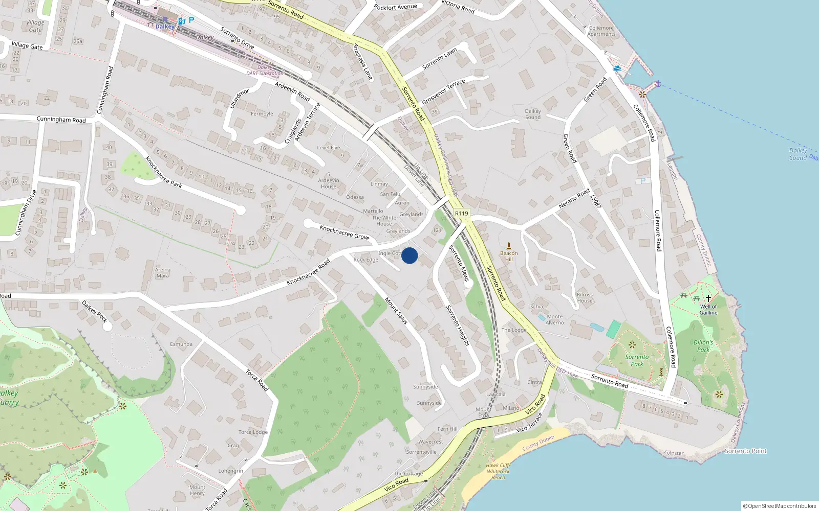 Overhead map showing the location of Knock-Na-Cree Road, Dalkey