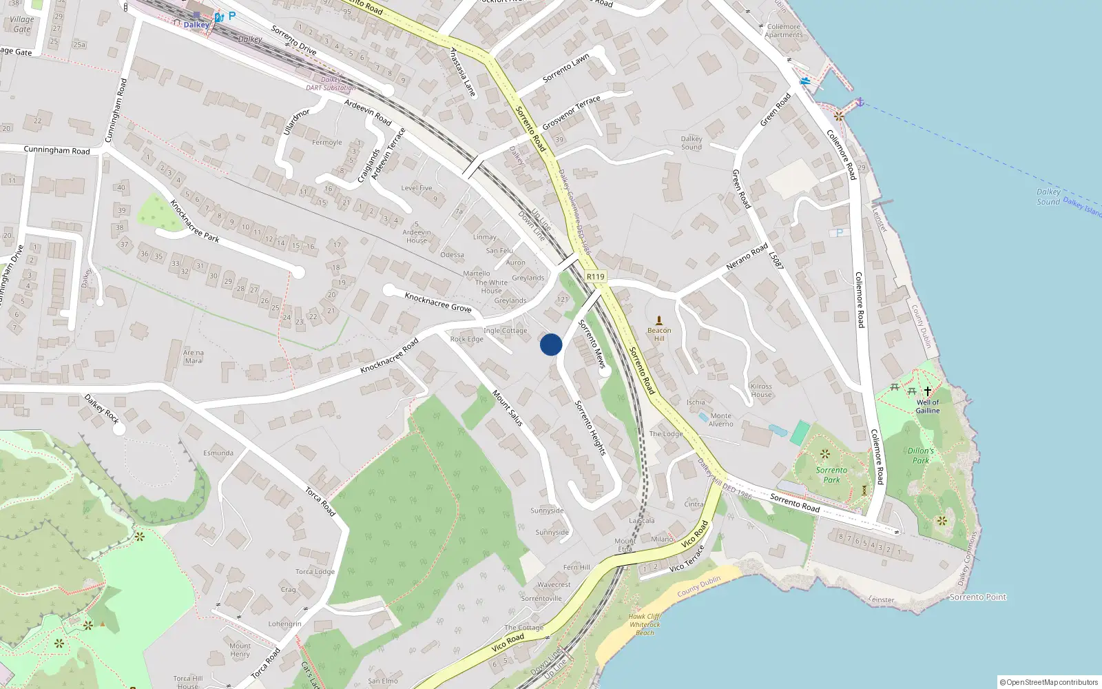 Overhead map showing the location of Knock-Na-Cree Road, Dalkey