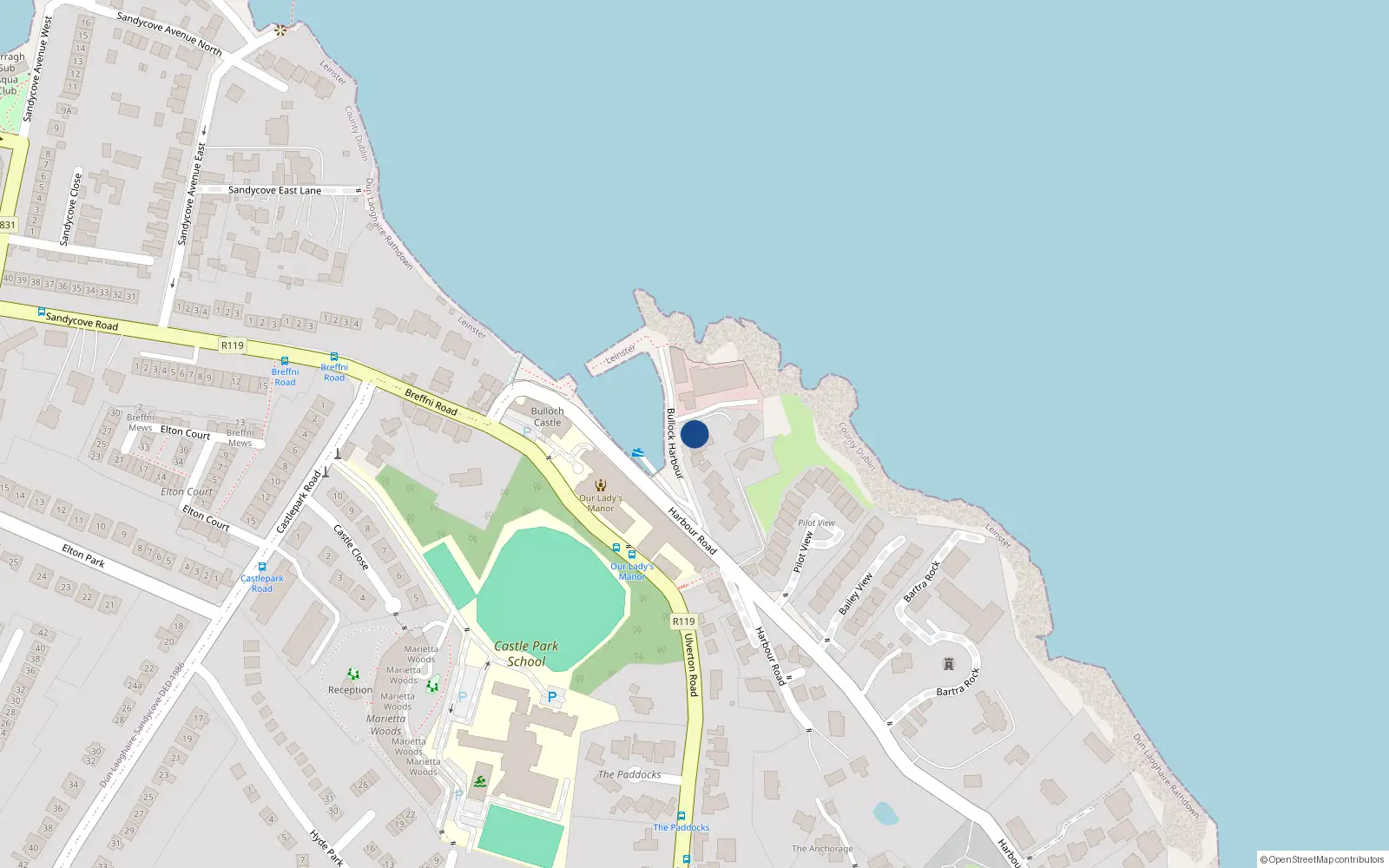 Overhead map showing the location of Bullock Harbour, Dalkey