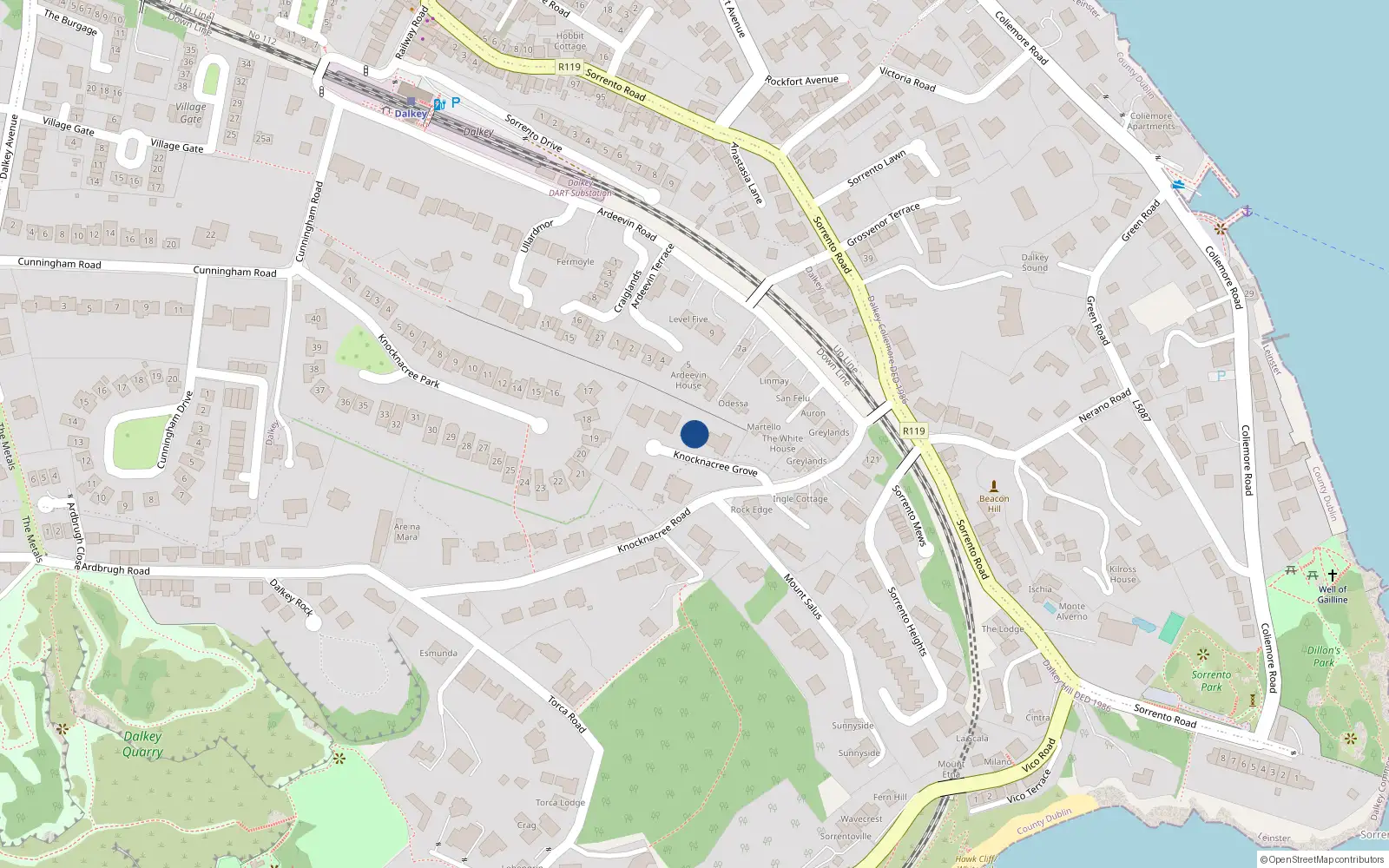 Overhead map showing the location of 5 Knock-Na-Cree Grove, Dalkey