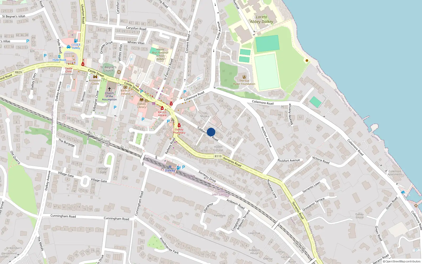Overhead map showing the location of Rainbow Cottage, 12 Tubbermore Road, Dalkey