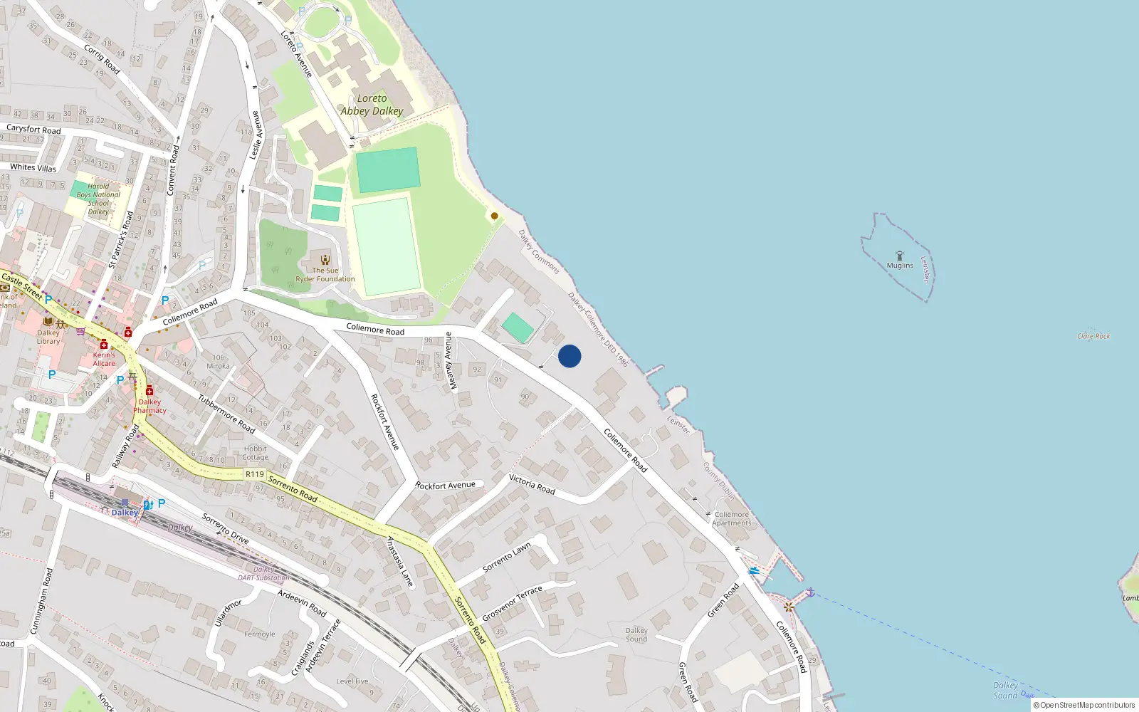 Overhead map showing the location of Rarc an Ilan, 22 Colimore Road, Dalkey