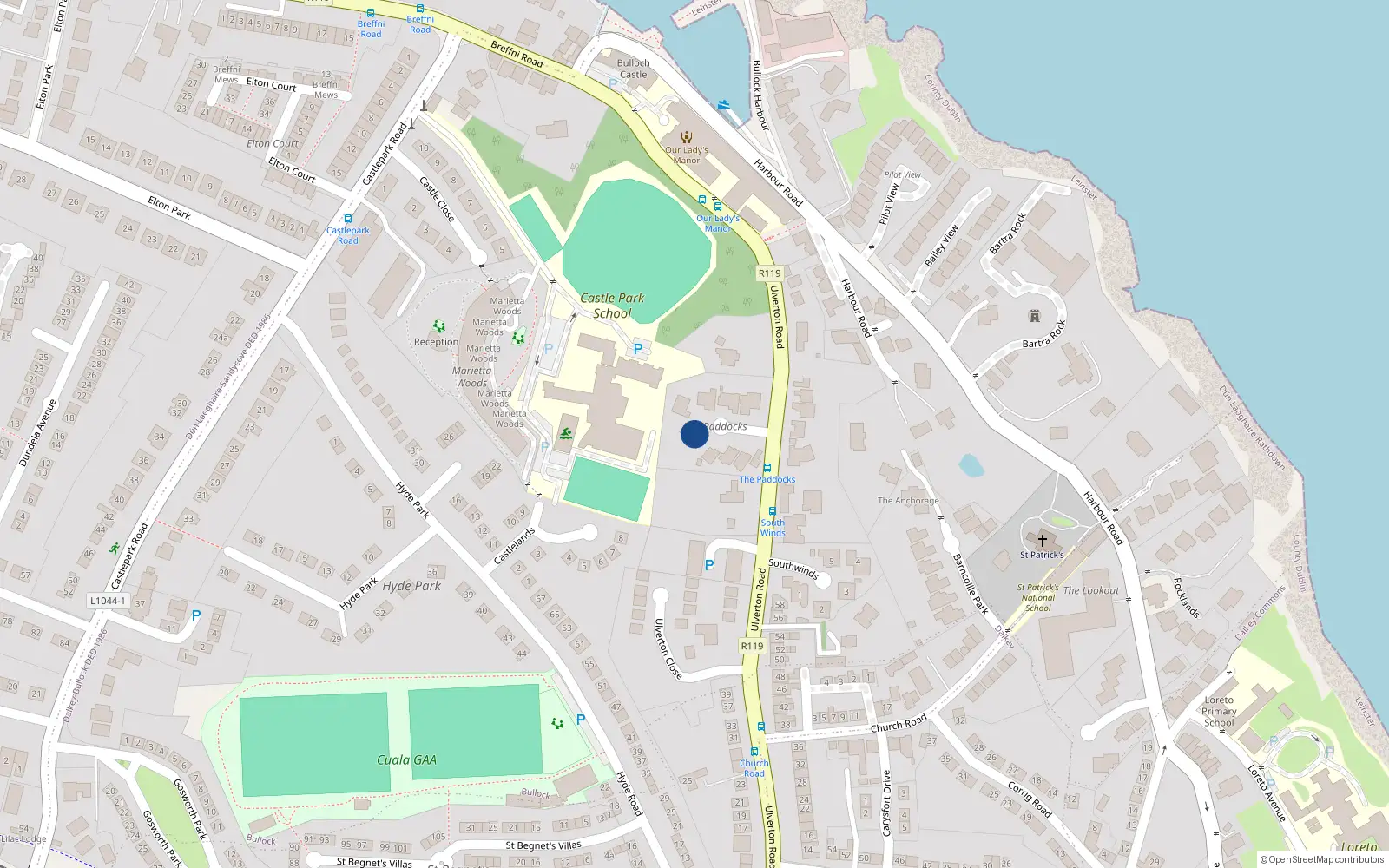 Overhead map showing the location of Bullock, Dublin, Co. Dublin