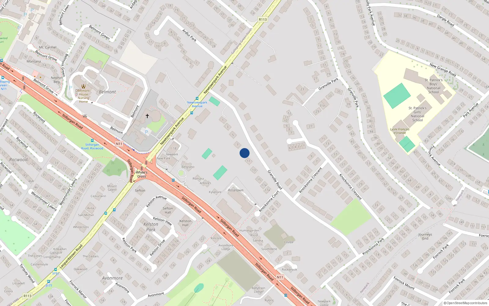 Overhead map showing the location of Rathdown, 9 Granville Road, Blackrock