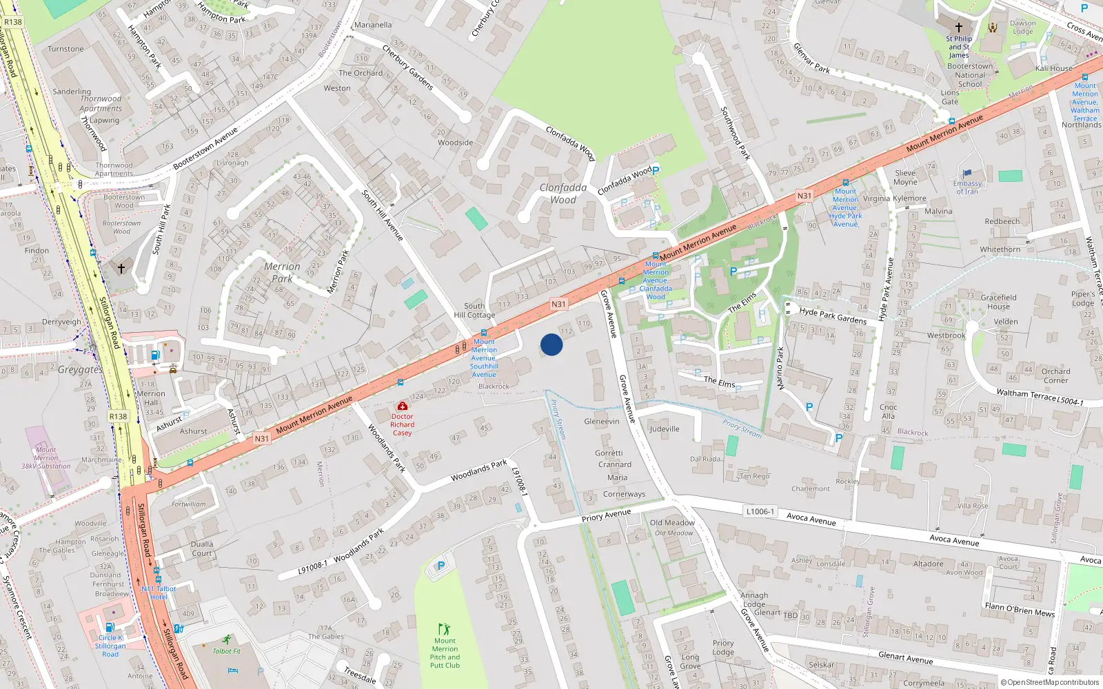 Overhead map showing the location of 114 Mount Merrion Avenue, Blackrock