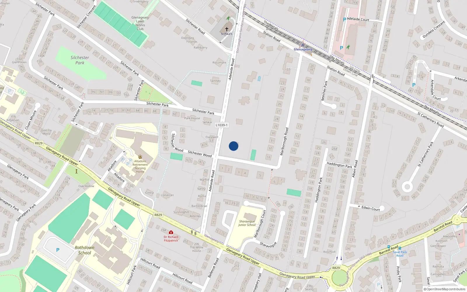 Overhead map showing the location of Adelaide Road, Glenageary