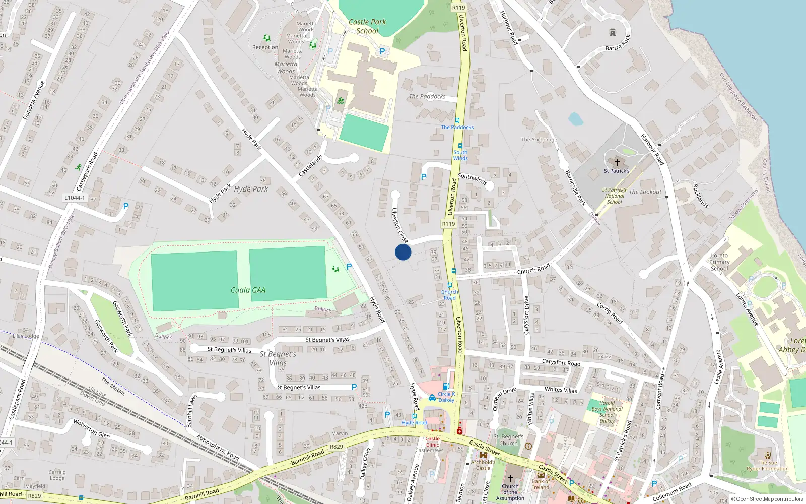 Overhead map showing the location of Ulverton Close, Dalkey