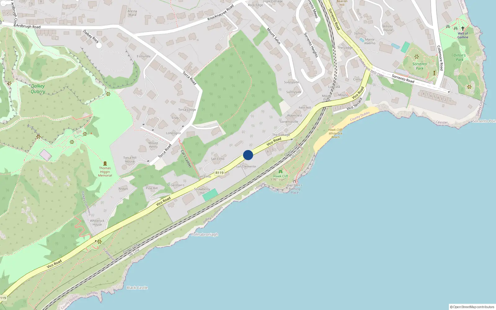 Overhead map showing the location of Vico Road, Dalkey
