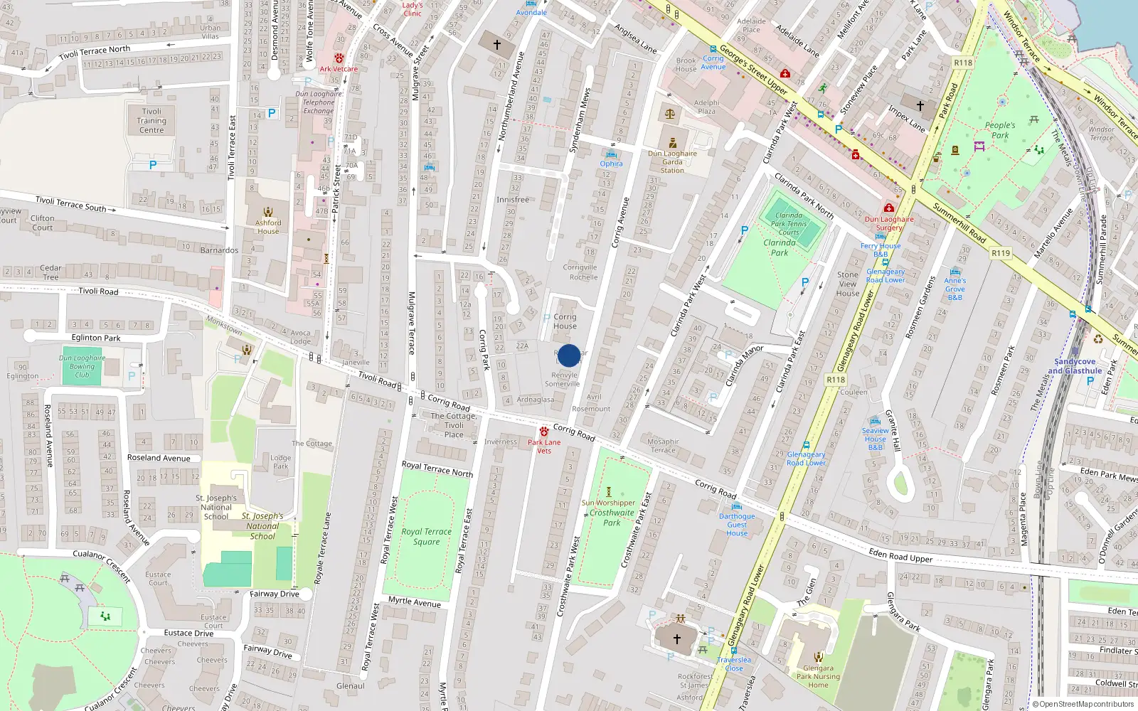 Overhead map showing the location of Corrig Avenue, Dun Laoghaire