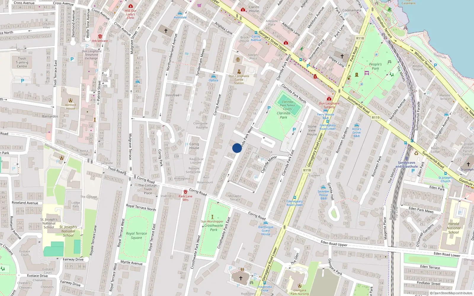 Overhead map showing the location of Rear 1 Croswaite Terrace, Clarinda Park West, Dunlaoire
