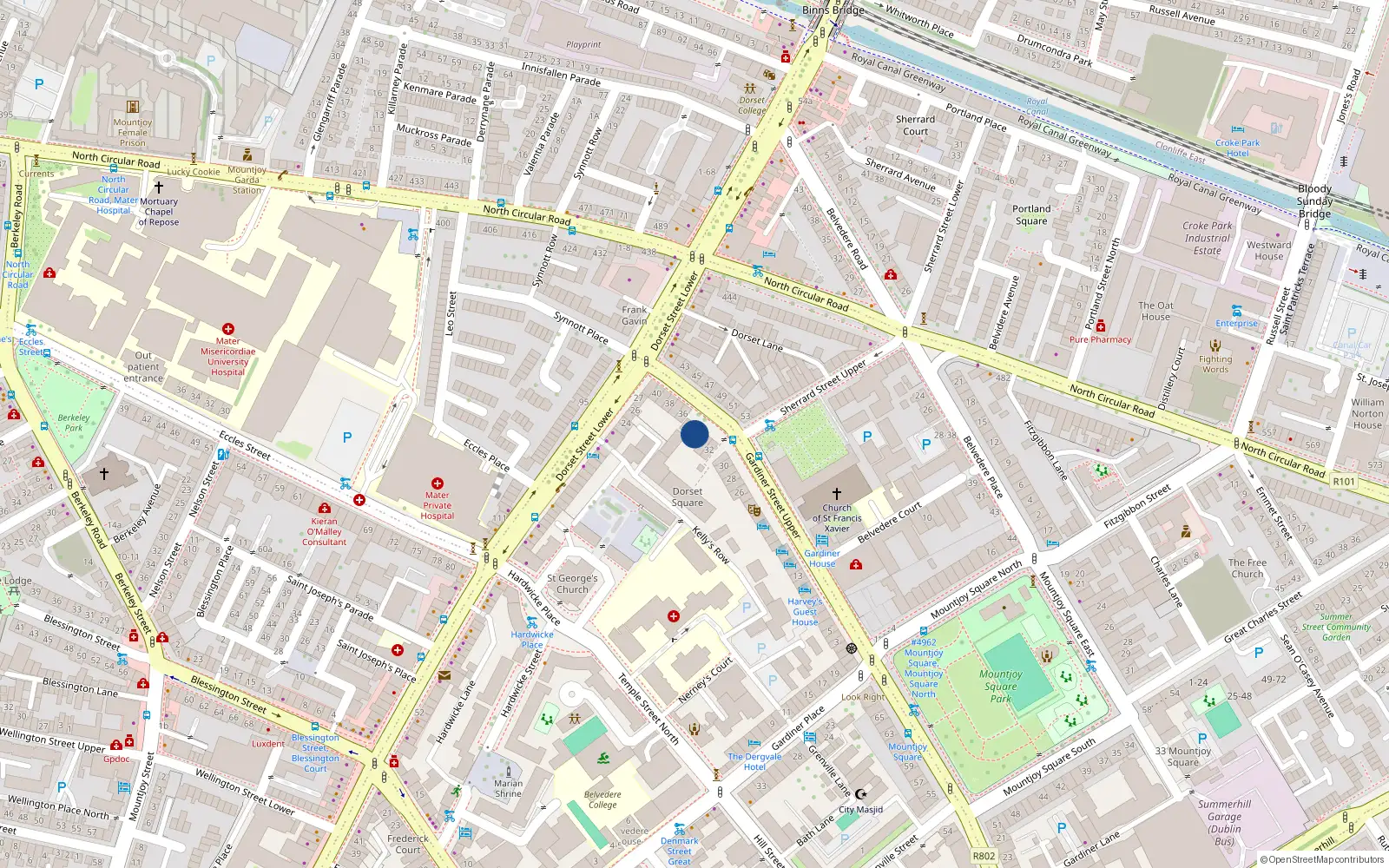 Overhead map showing the location of 34 Gardiner Street Upper, Dublin 1
