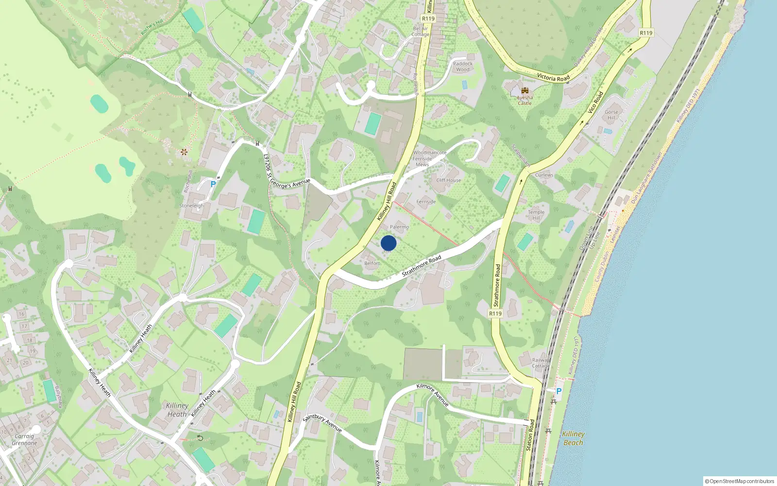 Overhead map showing the location of Reenrour House, 33 Killiney Hill Road, Killiney