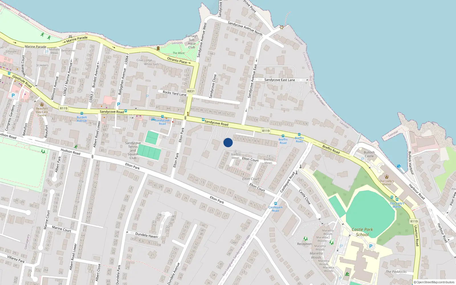 Overhead map showing the location of Sandycove Road, Sandycove