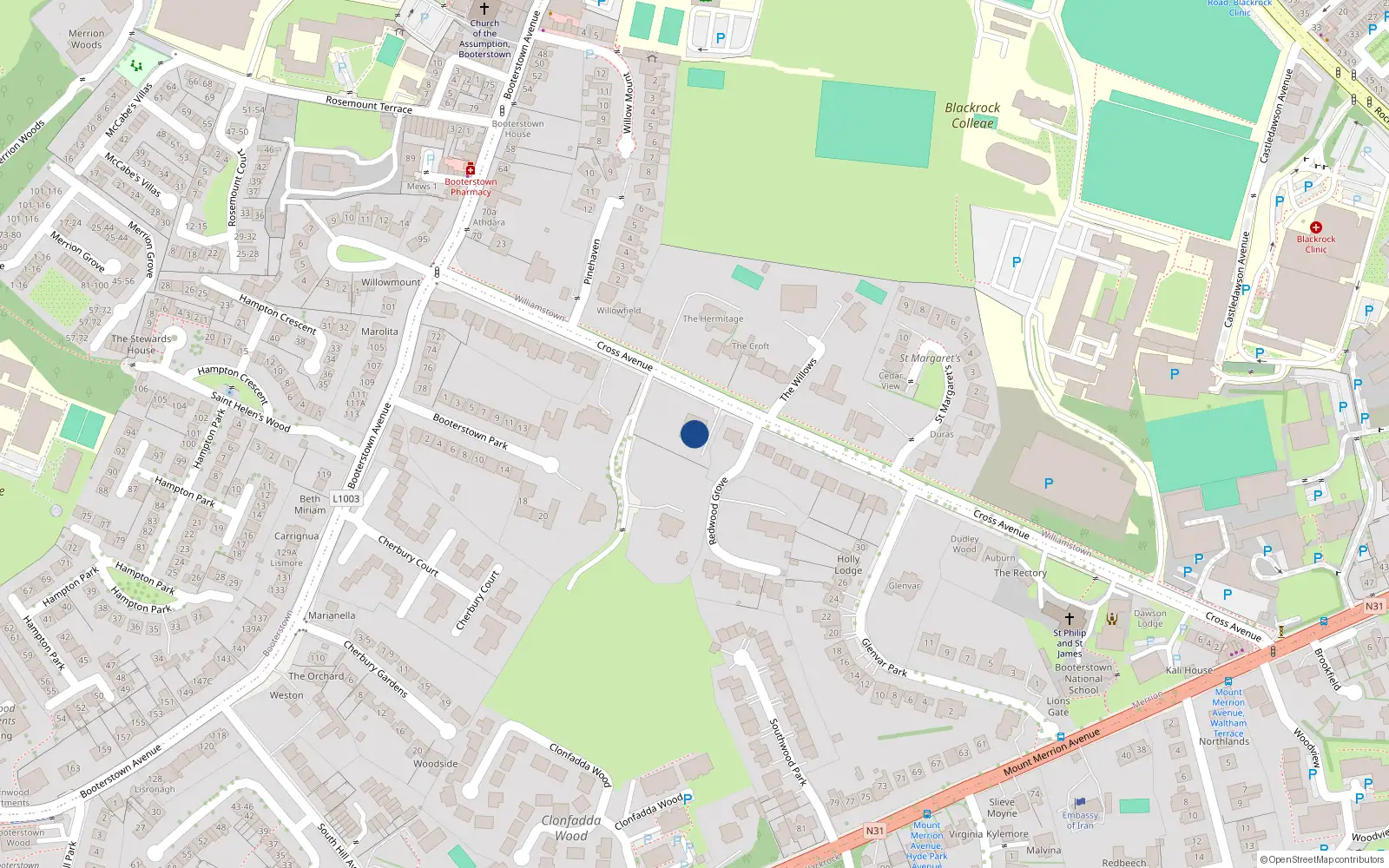 Overhead map showing the location of Cross Avenue, Blackrock