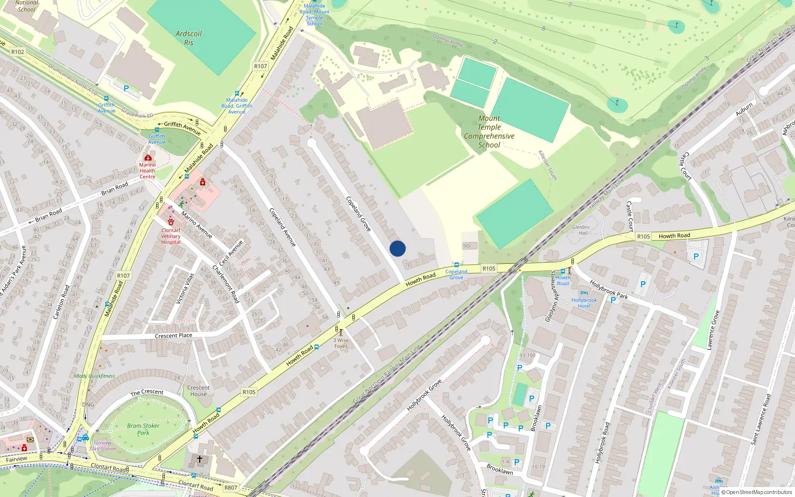 Overhead map showing the location of Rere of 78 Whitebarn Road, Churchtown, Dublin 14