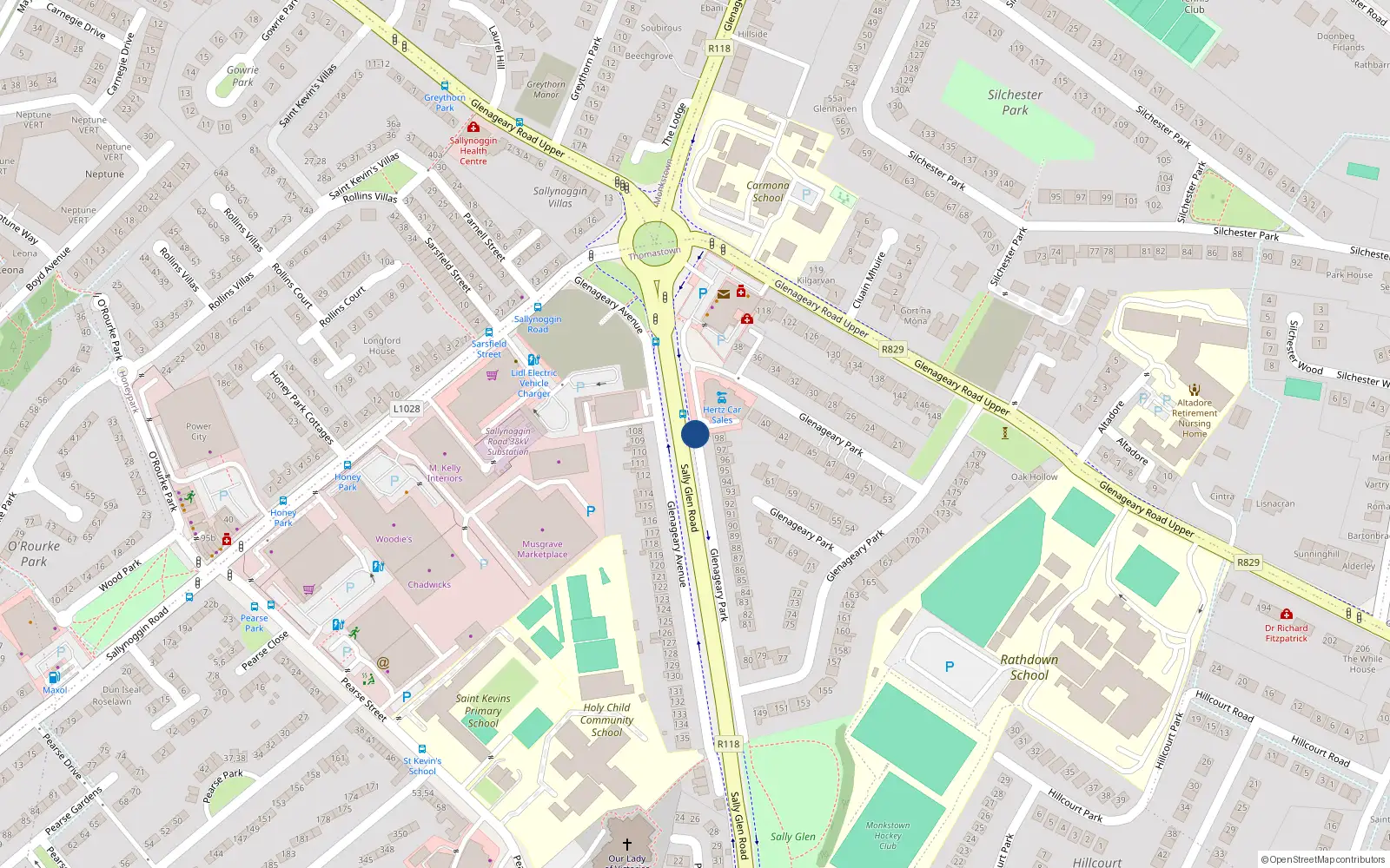 Overhead map showing the location of Glenageary Avenue, Glenageary