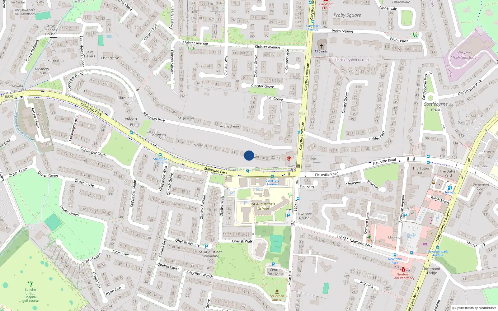 Overhead map showing the location of Rhus Lodge, 17 Stillorgan Park, Blackrock