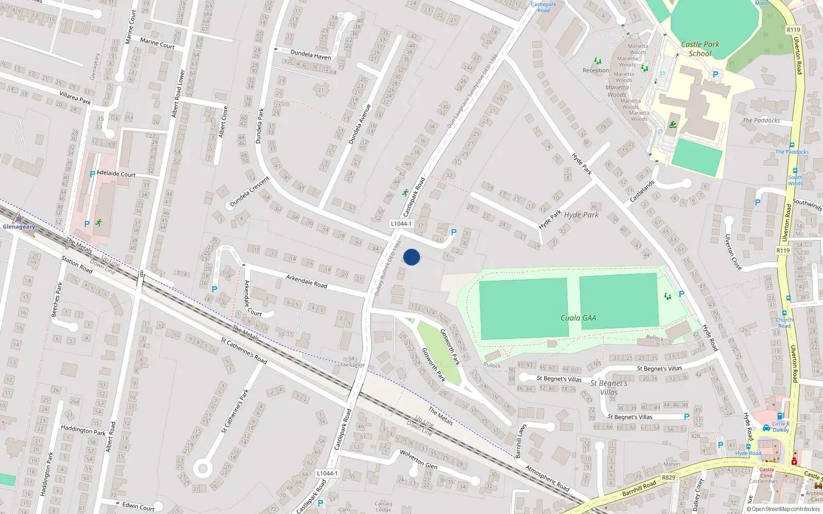 Overhead map showing the location of 39 Castle Park Road, Dalkey