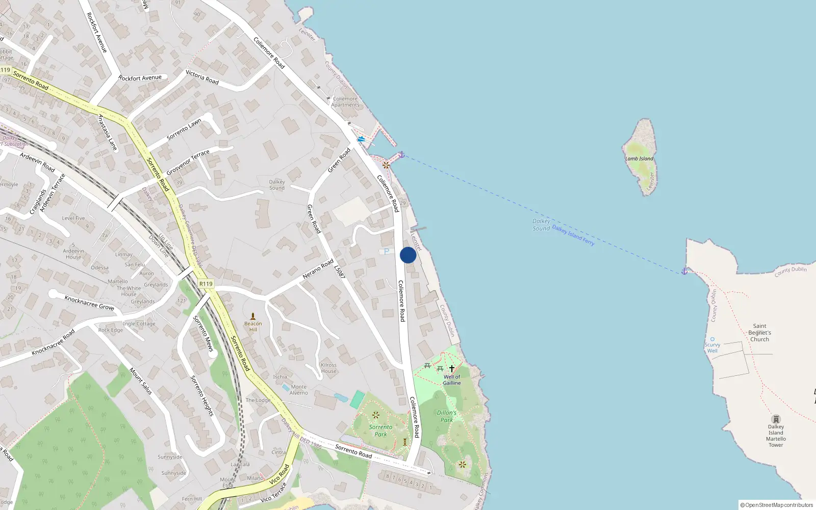 Overhead map showing the location of 32 Coliemore Road, Dalkey