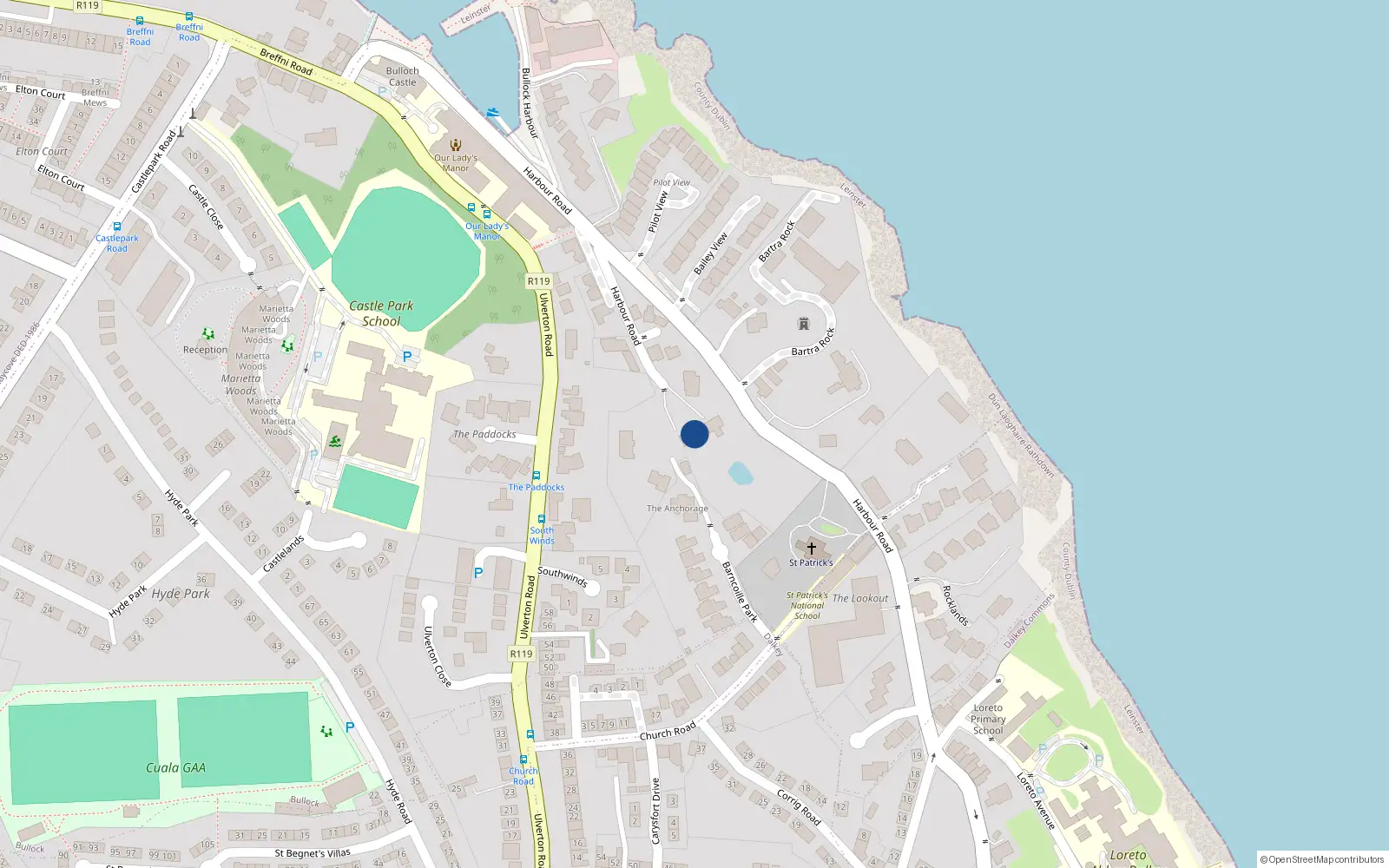Overhead map showing the location of Harbour Road, Dalkey