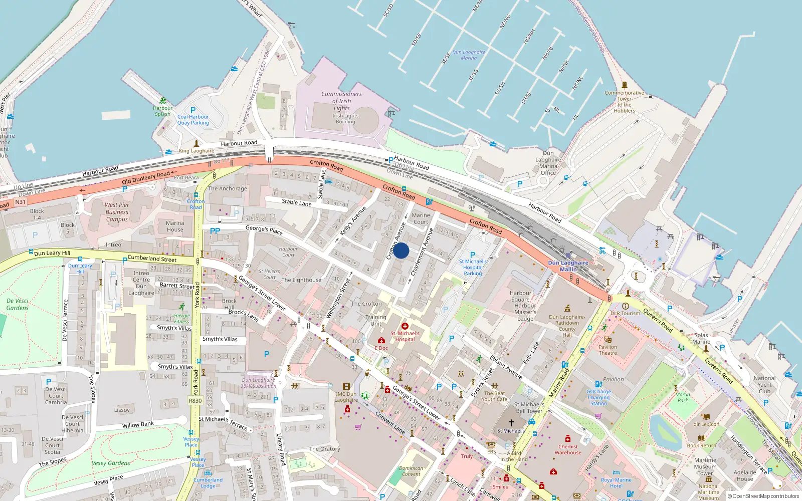 Overhead map showing the location of Roby House, 1 Crofton Avenue, Dunlaoire