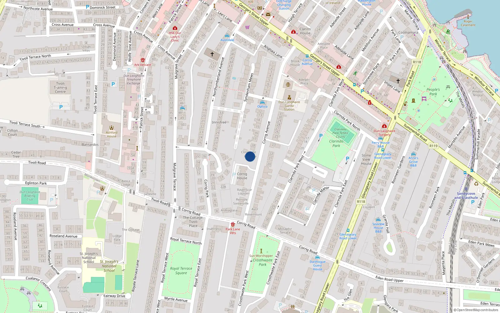 Overhead map showing the location of Corrig Avenue, Dun Laoghaire