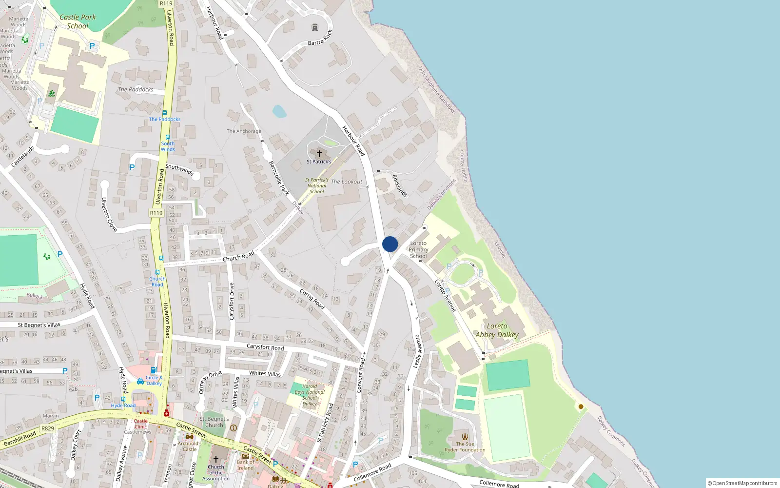 Overhead map showing the location of Bullock, Dublin, Co. Dublin