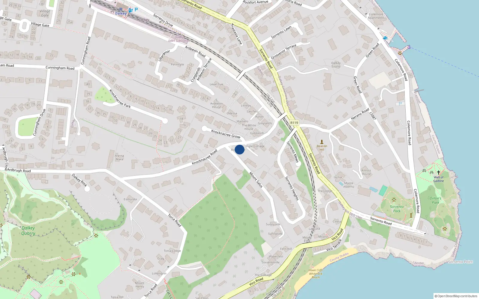 Overhead map showing the location of Knock-Na-Cree Road, Dalkey