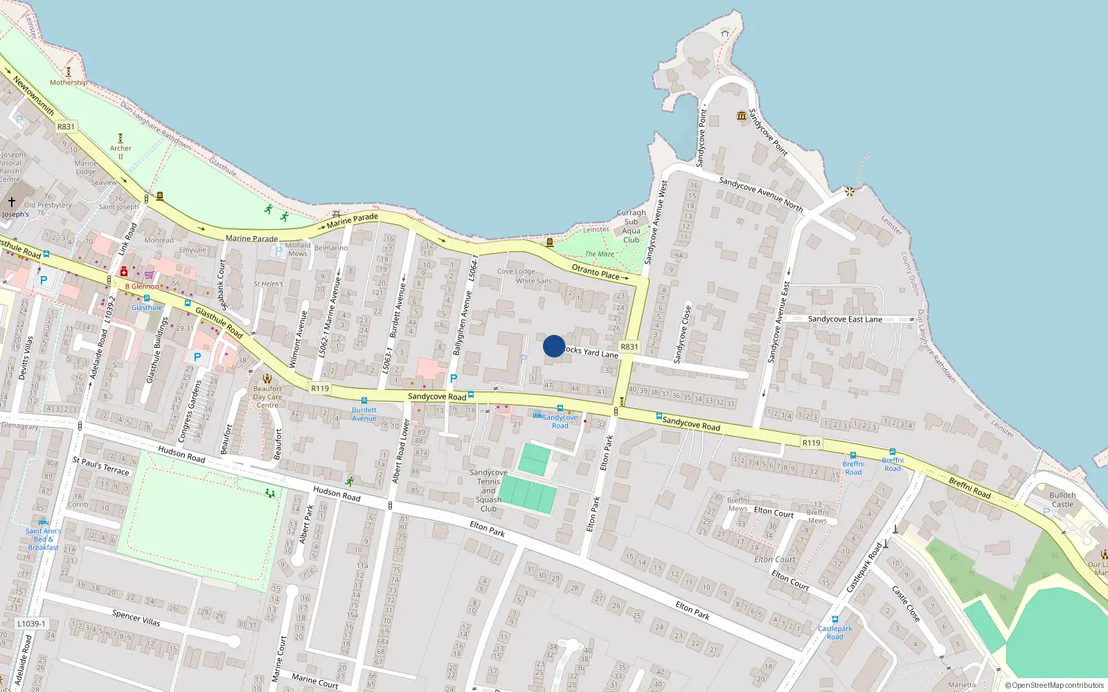 Overhead map showing the location of Rocks Yard Lane, Dublin