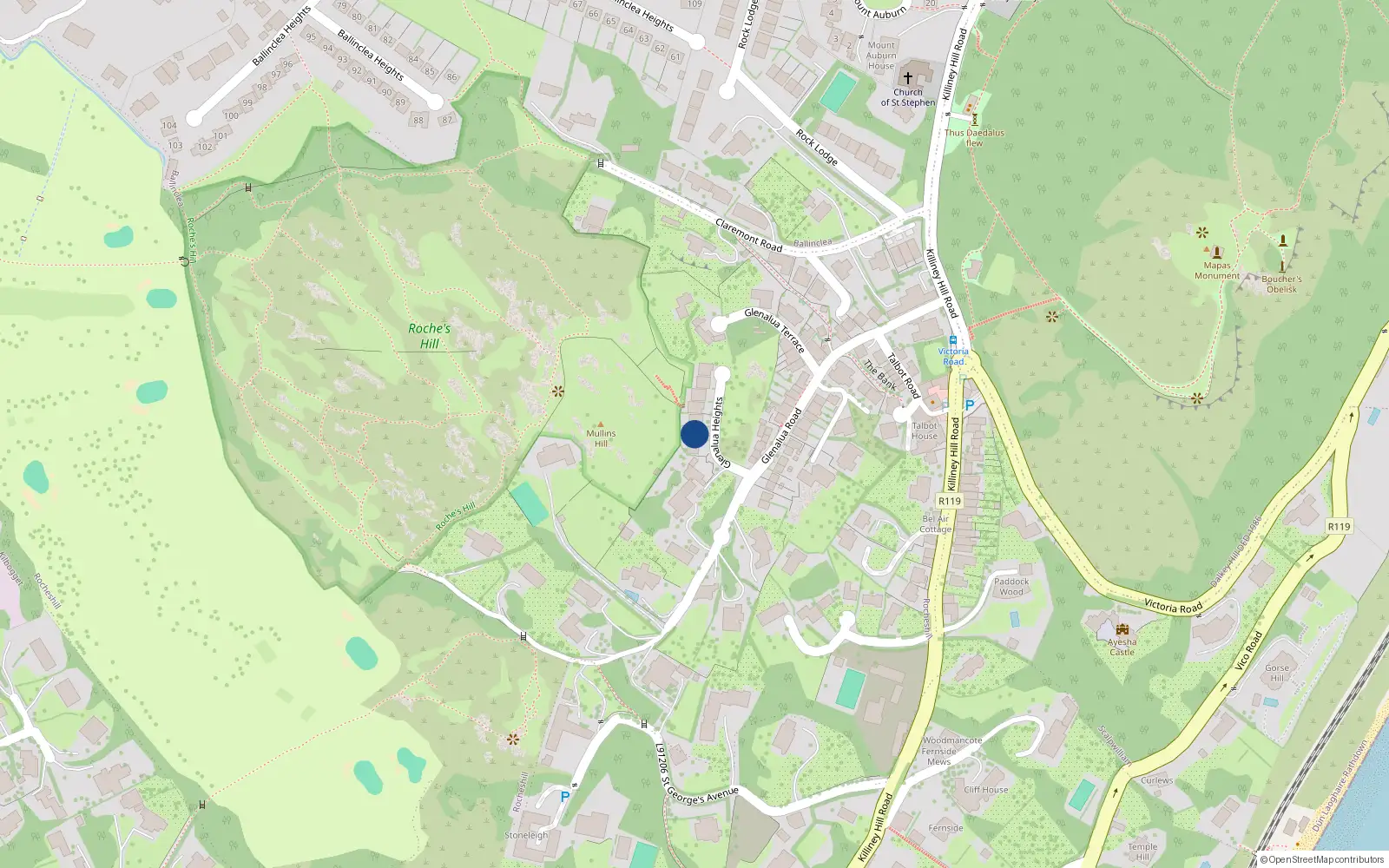 Overhead map showing the location of 2 Glenalua Heights, Killiney