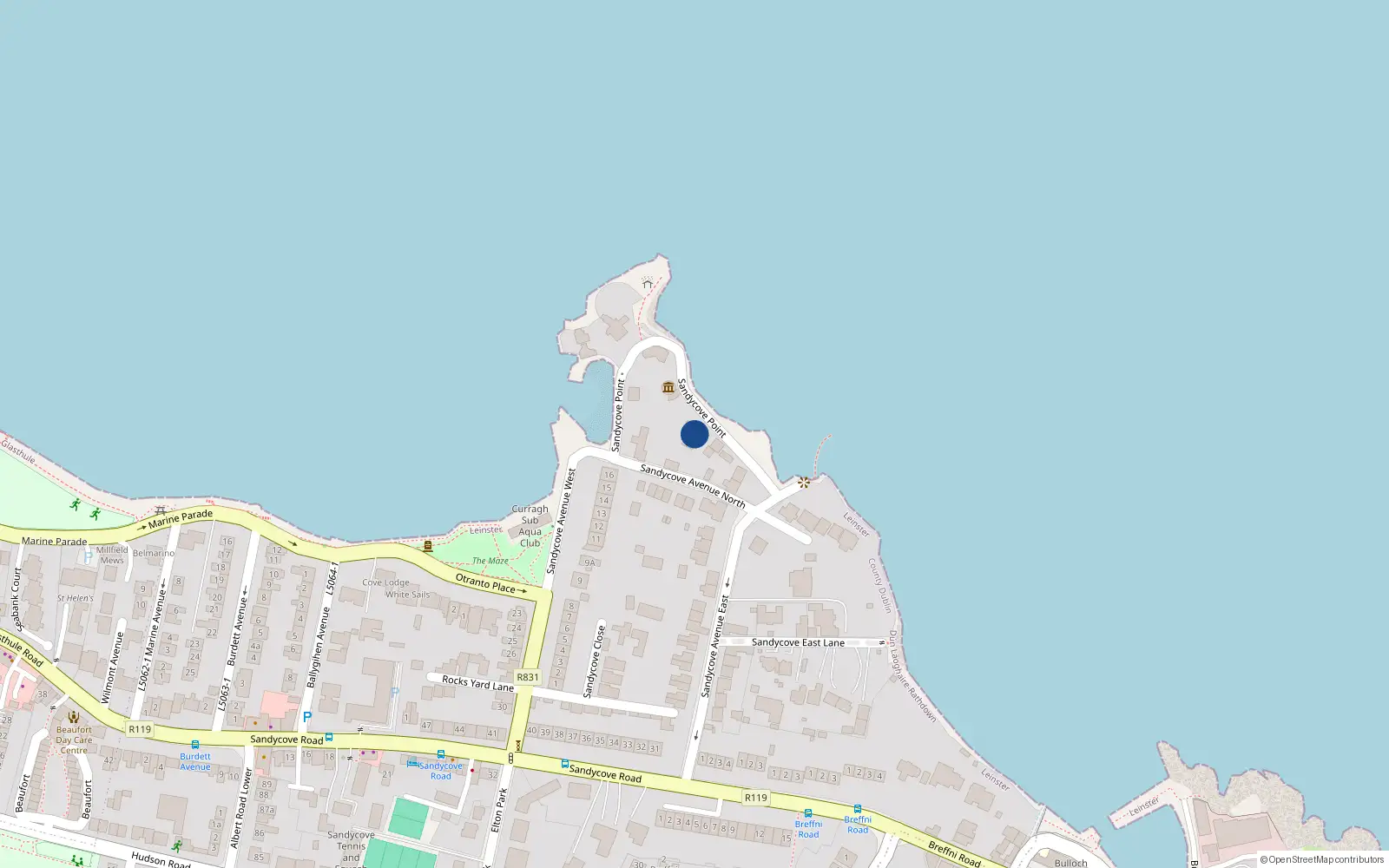 Overhead map showing the location of 12 Sandycove Avenue, Sandycove