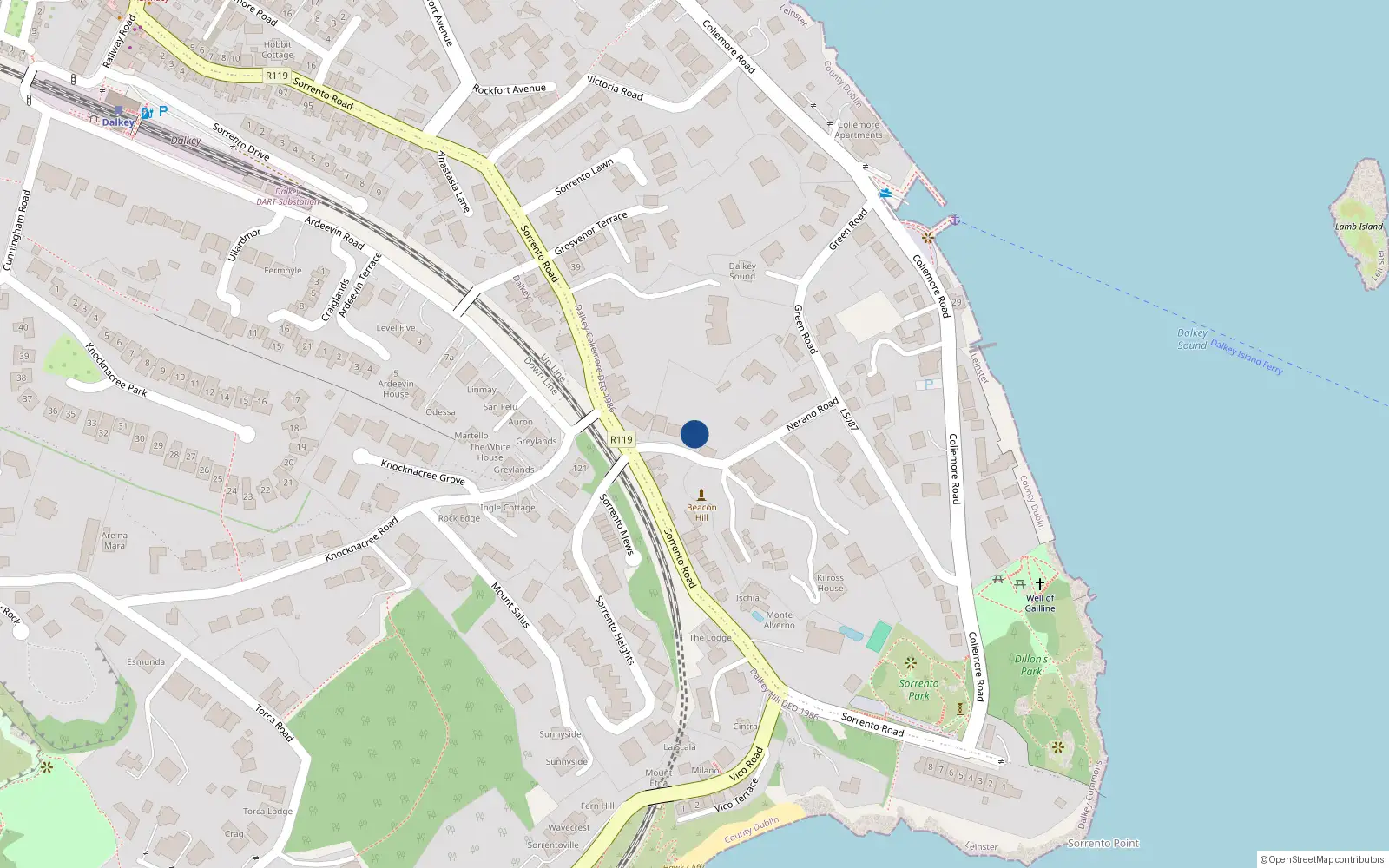 Overhead map showing the location of Nerano Road, Dalkey