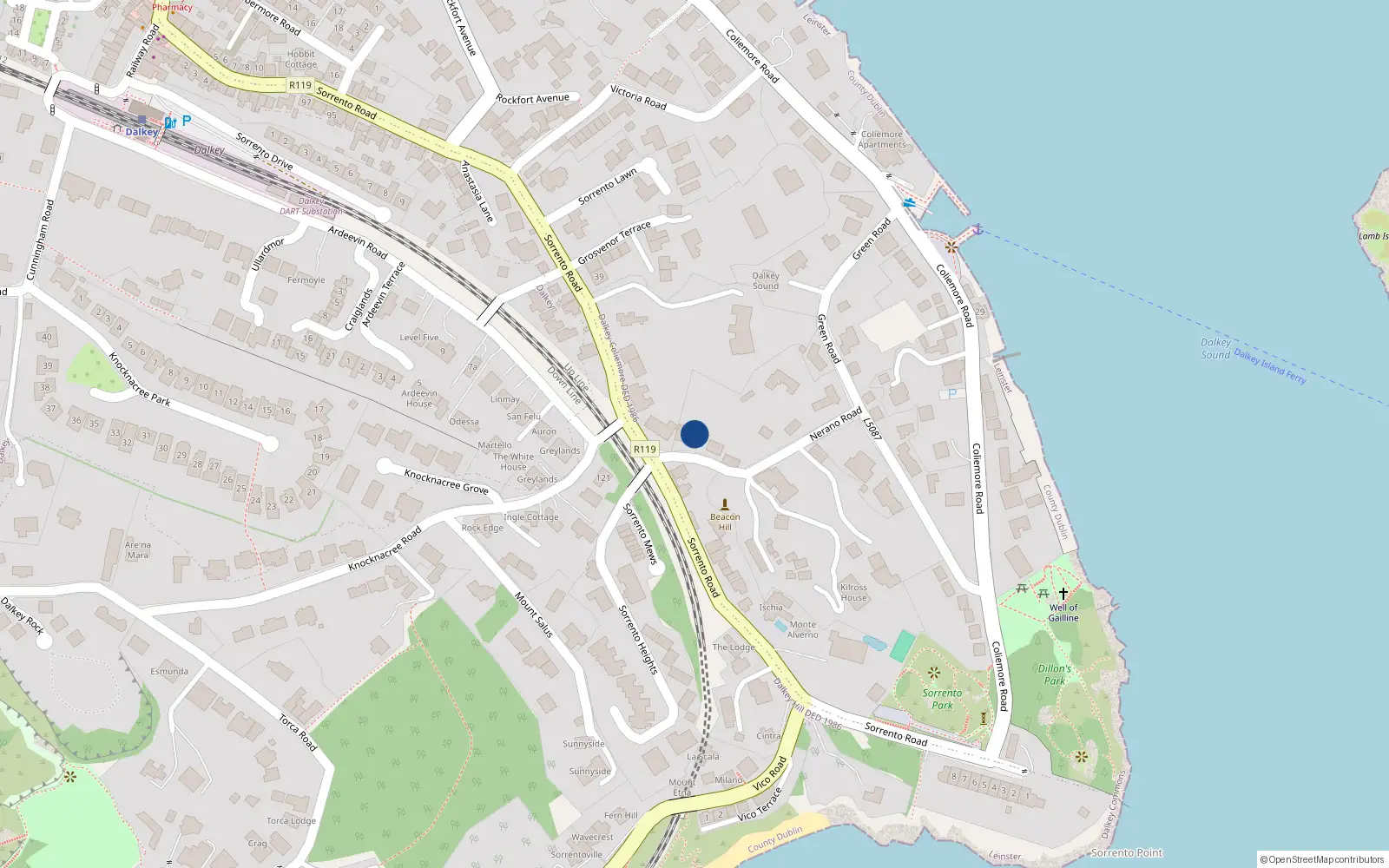 Overhead map showing the location of Nerano Road, Dalkey
