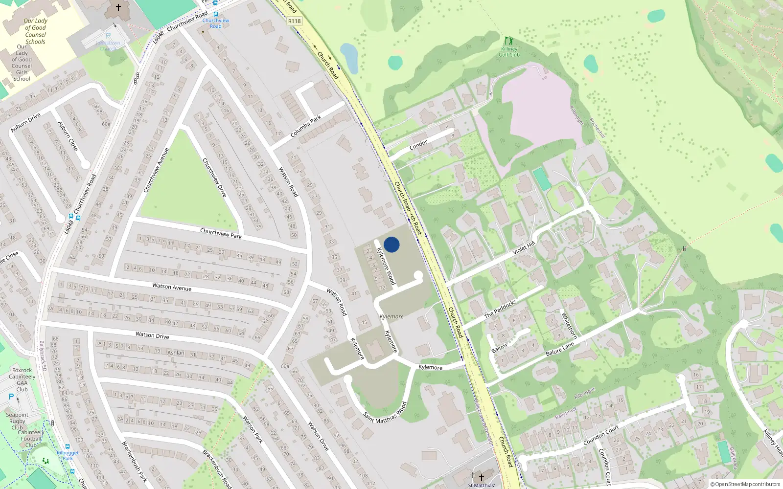 Overhead map showing the location of Church Road, Killiney