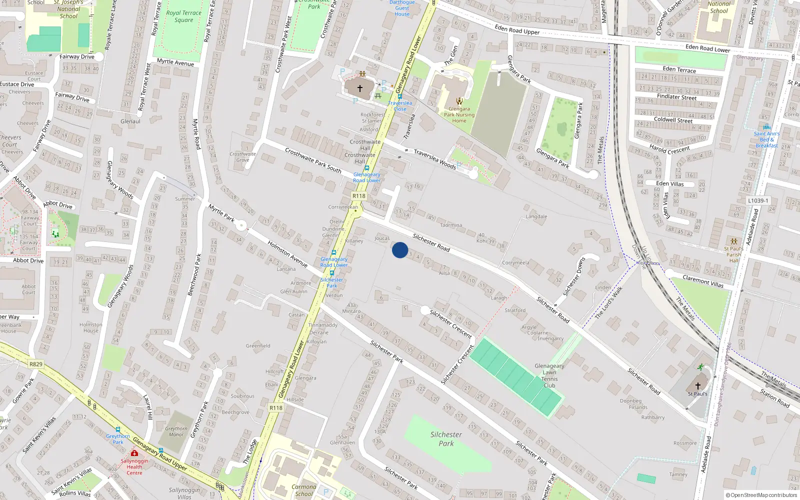Overhead map showing the location of 2 Silchester Road, Glenageary