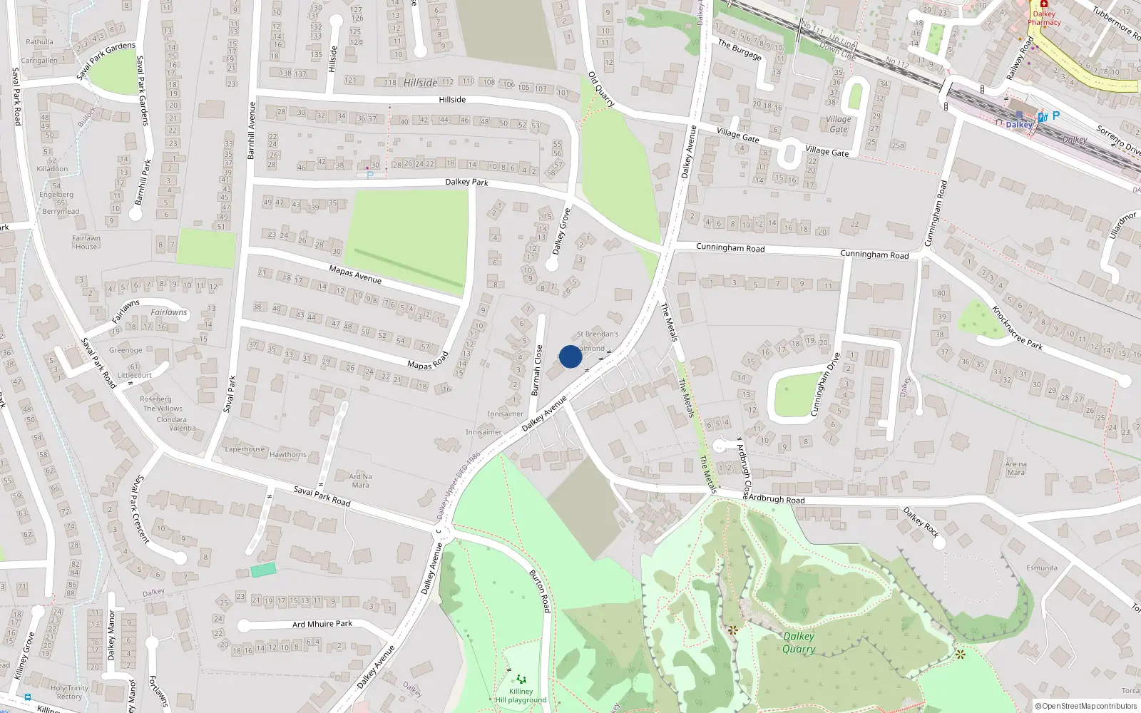 Overhead map showing the location of Dalkey Avenue, Dalkey